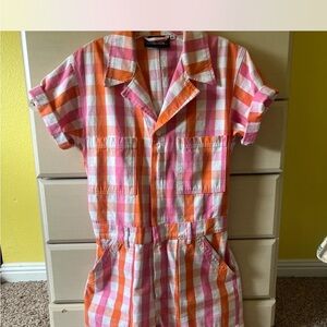 Big Bud Press Pink and Orange Checkered Cotton Romper Short Sleeve Jumpsuit M